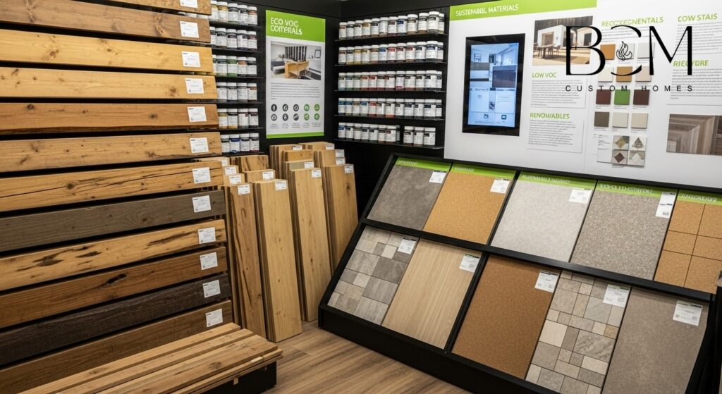 Eco-friendly building materials including reclaimed wood, low-VOC finishes