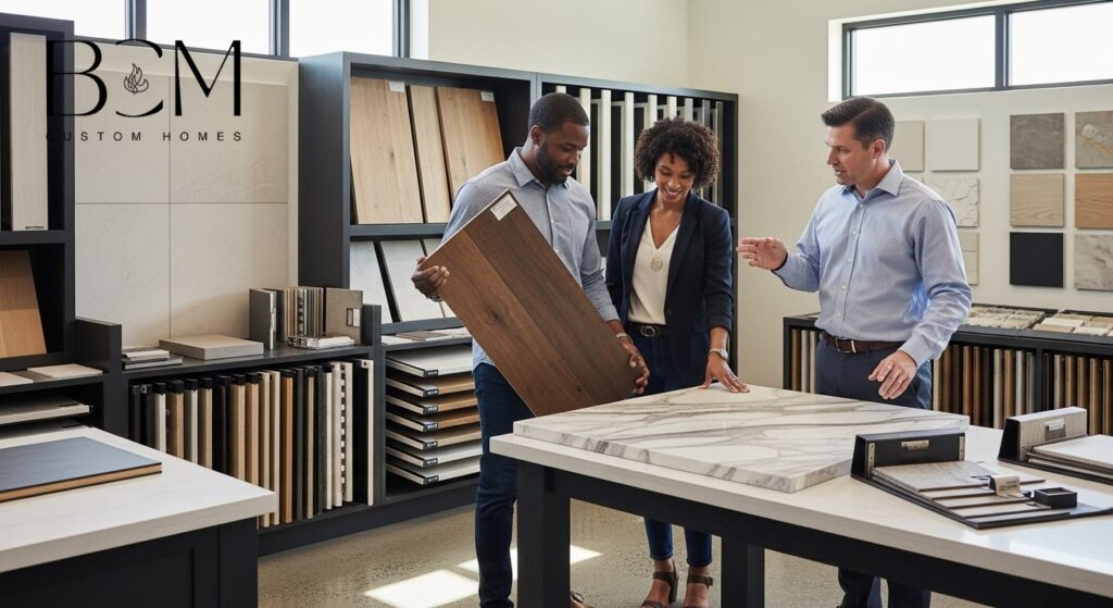 Homeowners examining high-quality building materials