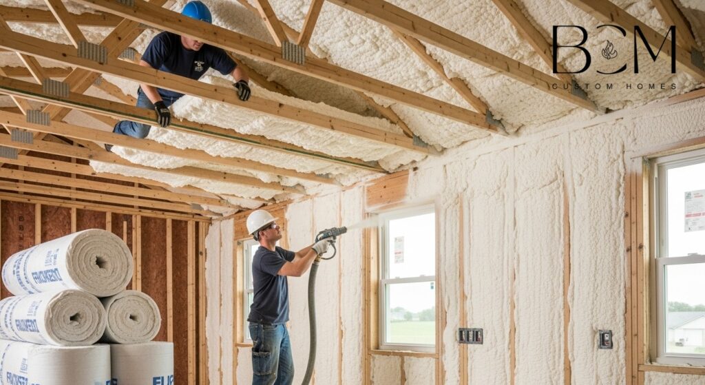 Construction workers installing high-quality insulation in custom home