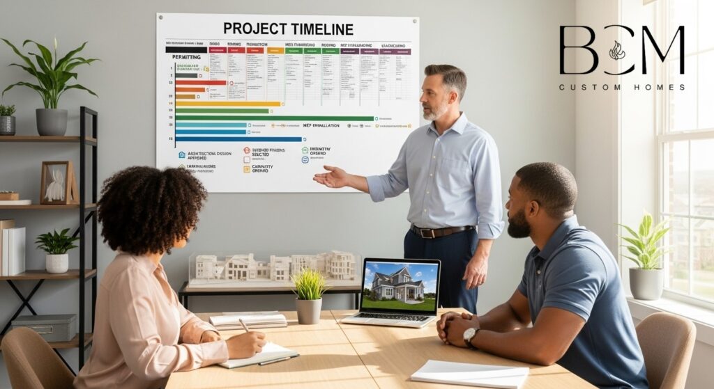 Professional project timeline chart on a wall with a custom home builder
