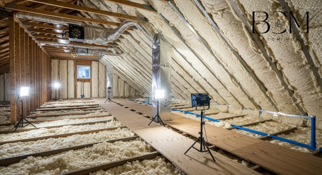 Construction workers installing high-quality insulation in custom home