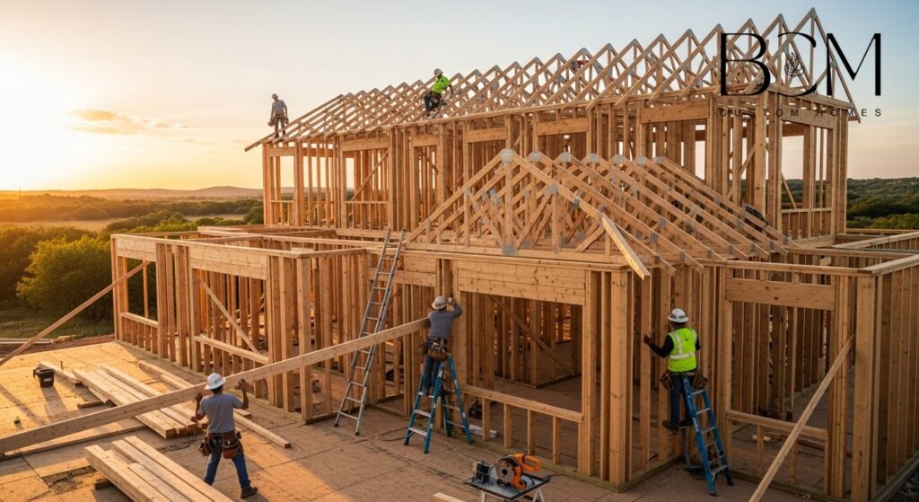 Custom home wooden frame structure under construction