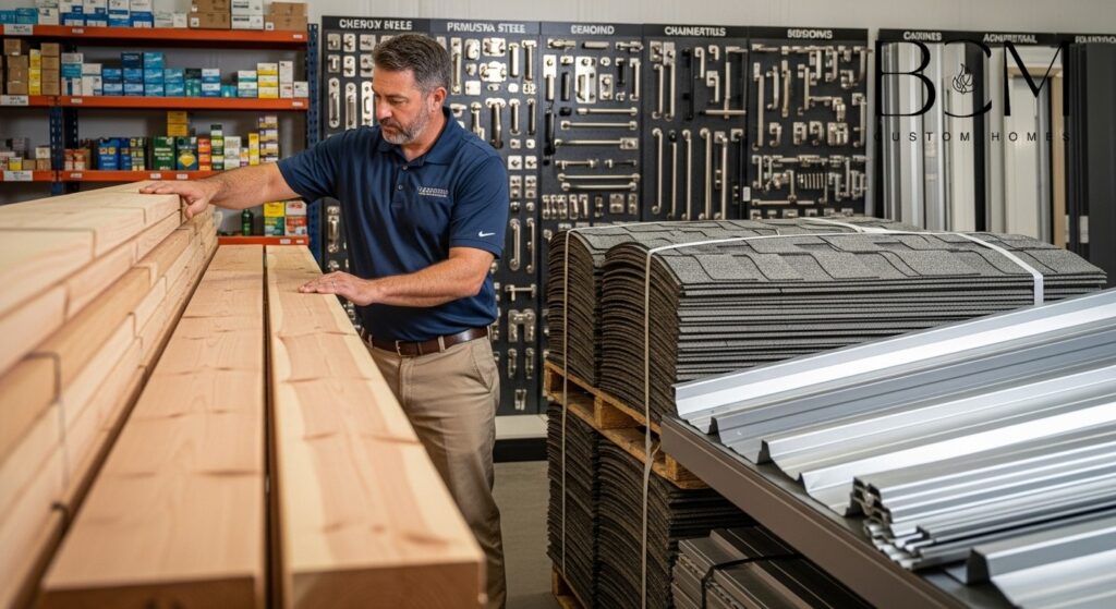 Custom home builder examining high-quality building materials