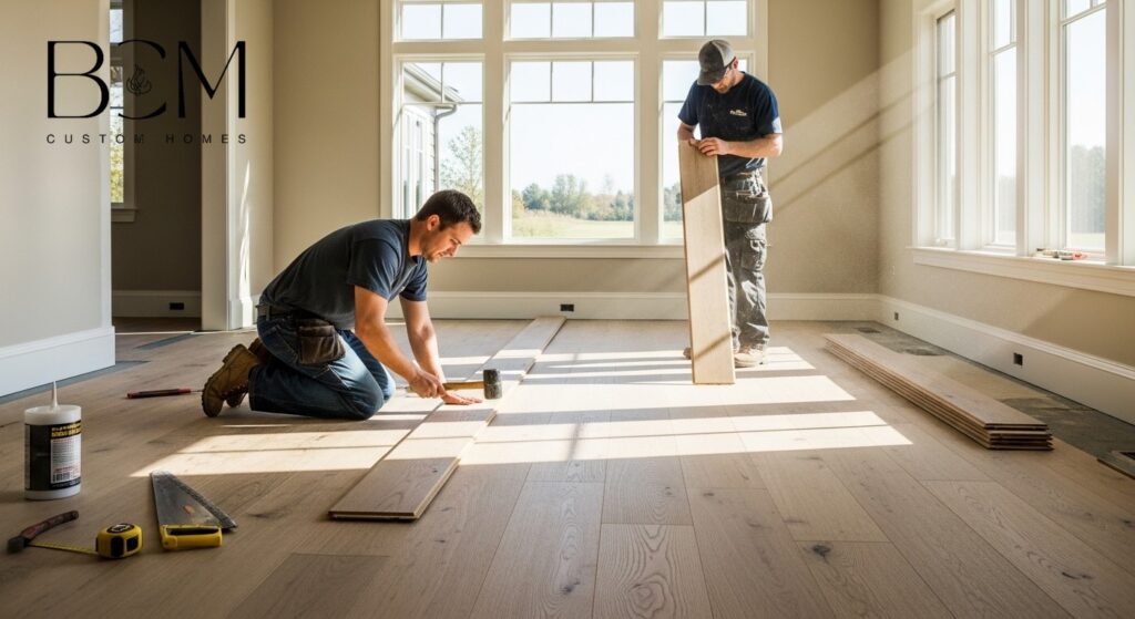 Beautiful custom home interior showing various flooring materials