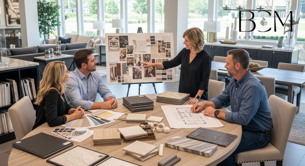 Professional interior designer and custom home builder meeting with homeowners