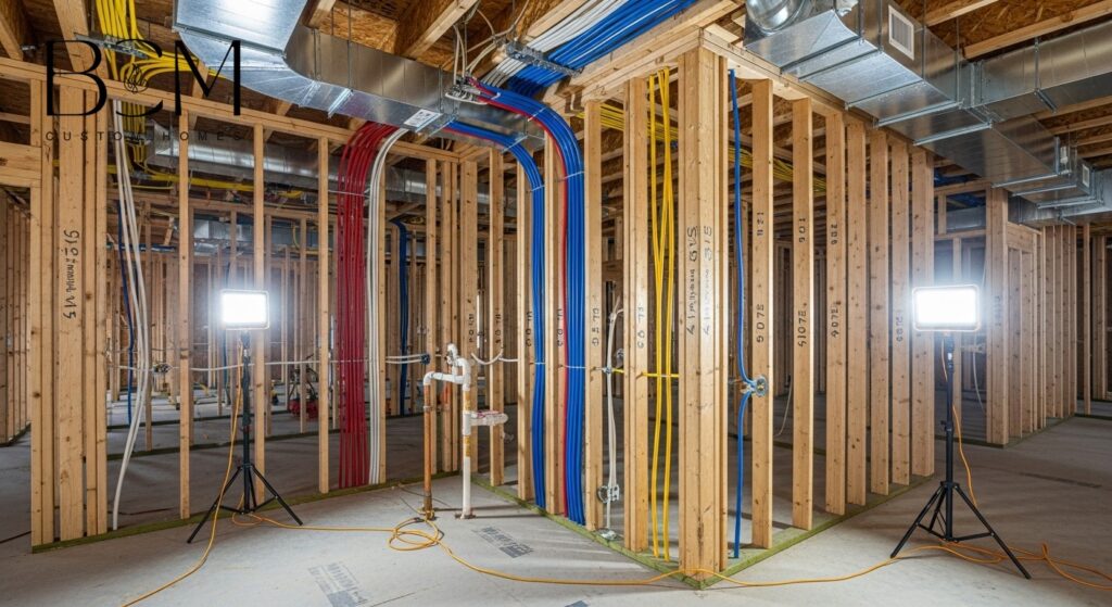 Interior view of custom home showing exposed electrical wiring