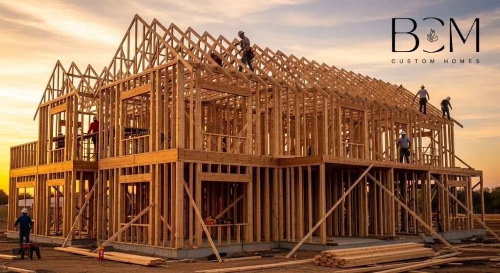 Custom home wooden frame structure under construction