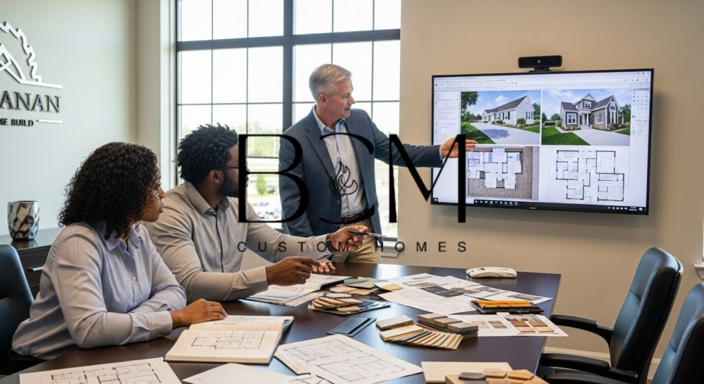 Custom home builder and homeowners reviewing detailed floor plans and 3D renderings on a large monitor, with multiple design iterations spread on the table, natural lighting in a professional design office