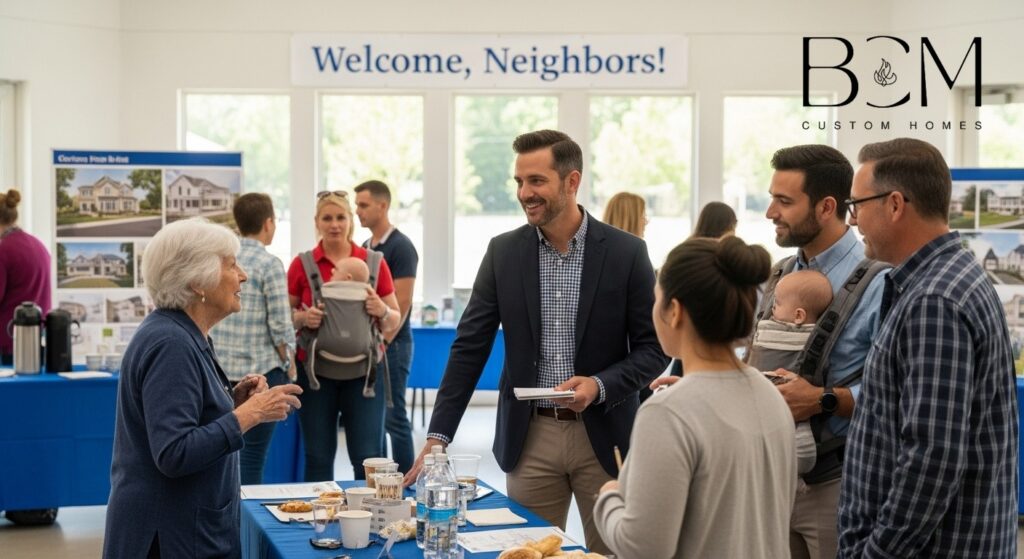 Custom home builder meeting with local community members at a neighborhood
