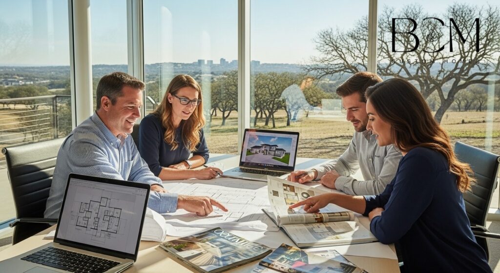 Professional custom home builder and architect meeting with excited homeowners around a large table