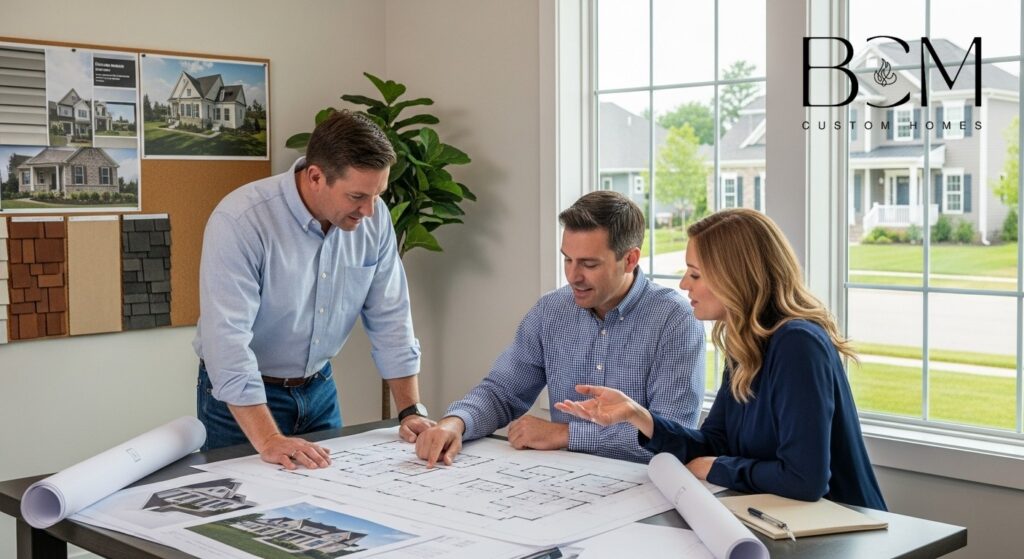 Custom home builder and homeowners reviewing architectural plans