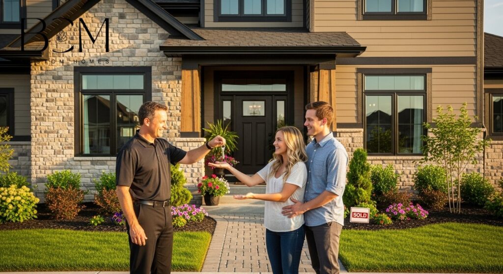 Happy custom home builder handing keys to excited new homeowners