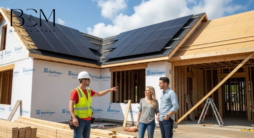 ustom home under construction showing solar-ready electrical infrastructure and roof design considerations