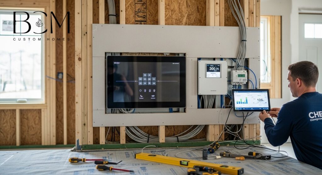 Modern smart home control panel and energy monitoring systems being installed in a custom home