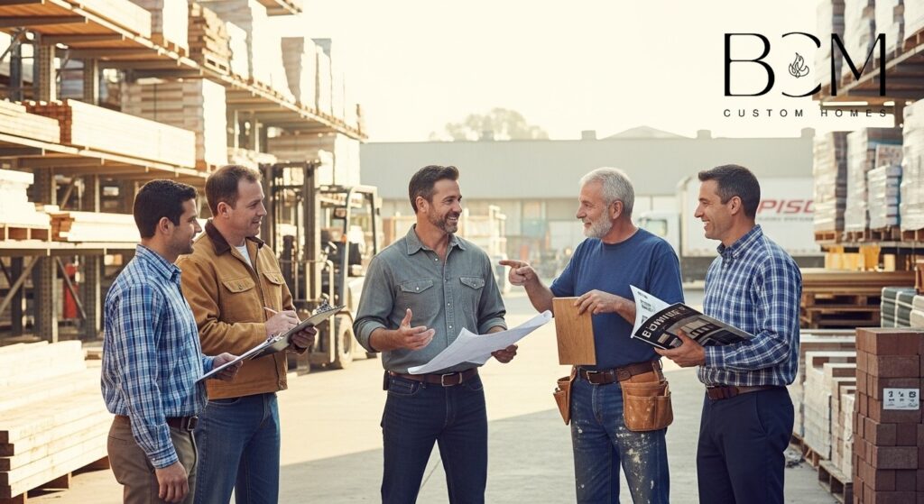 Custom home builder meeting with local suppliers and skilled craftsmen