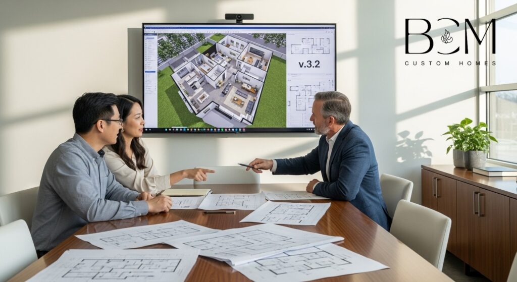 Custom home builder and homeowners reviewing detailed floor plans and 3D renderings on a large monitor, with multiple design iterations spread on the table, natural lighting in a professional design office