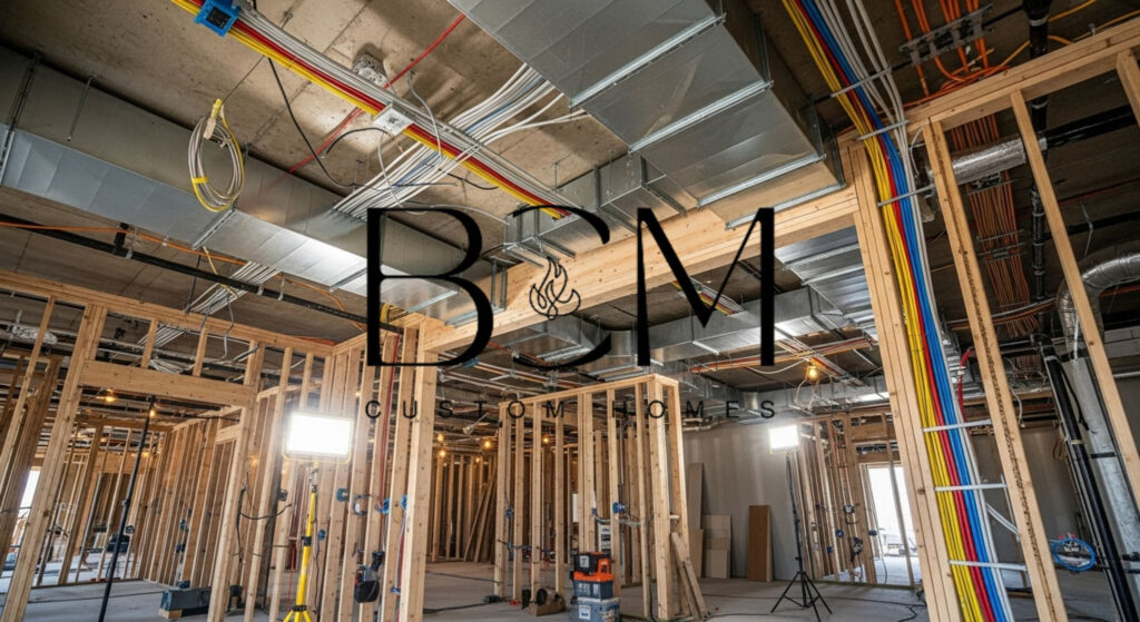 Interior view of custom home showing exposed electrical wiring