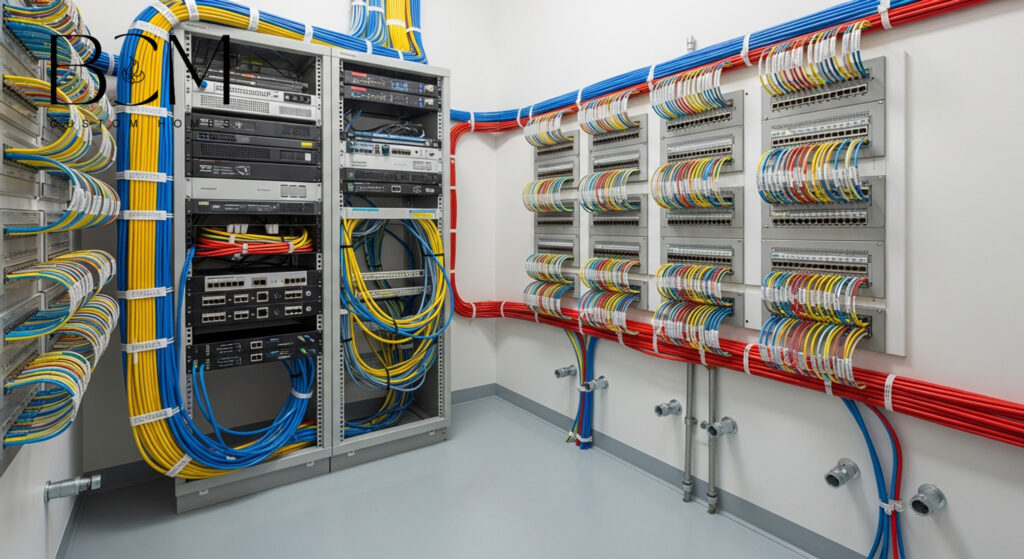 Modern smart home control panel and energy monitoring systems being installed in a custom home