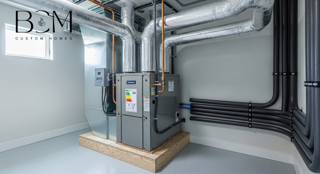 Custom home builder and HVAC contractor reviewing system specifications and ductwork plans