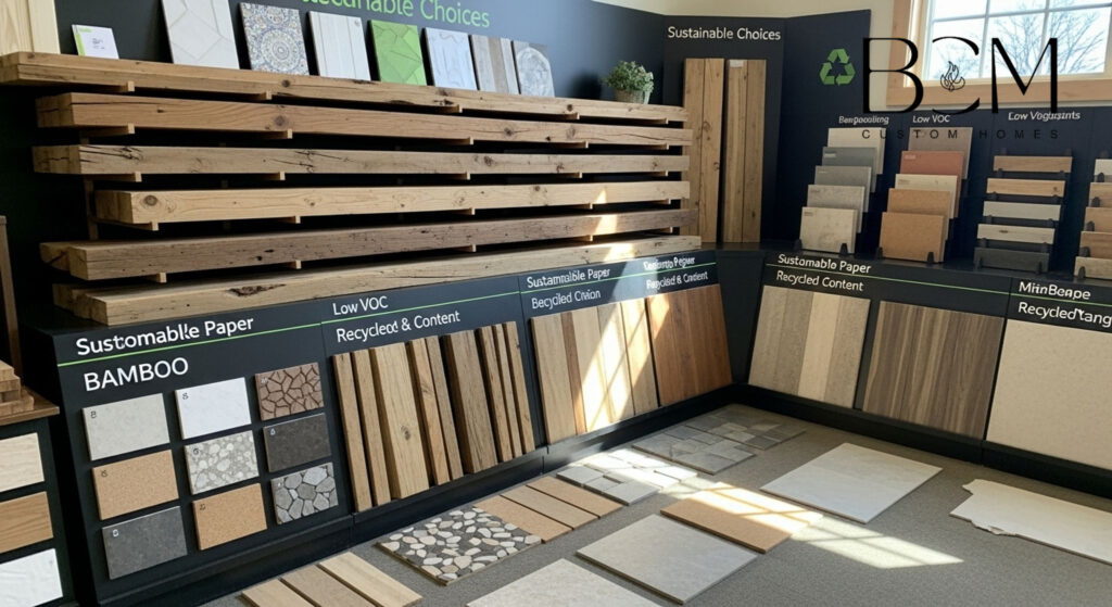 Eco-friendly building materials including reclaimed wood, low-VOC finishes