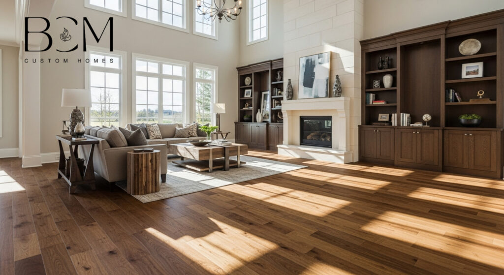 Beautiful custom home interior showing various flooring materials