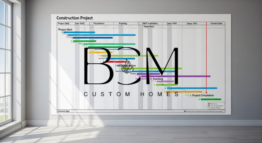 Professional project timeline chart on a wall with a custom home builder