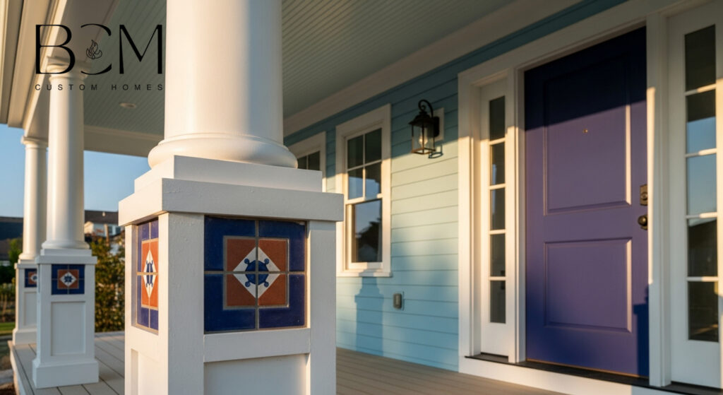 Custom home builder and homeowners reviewing architectural plans