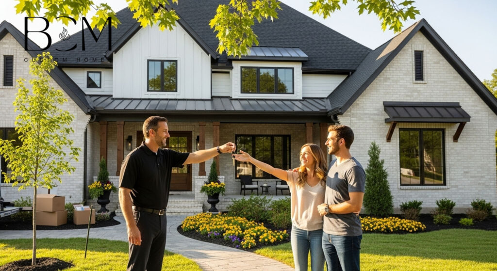 Happy custom home builder handing keys to excited new homeowners