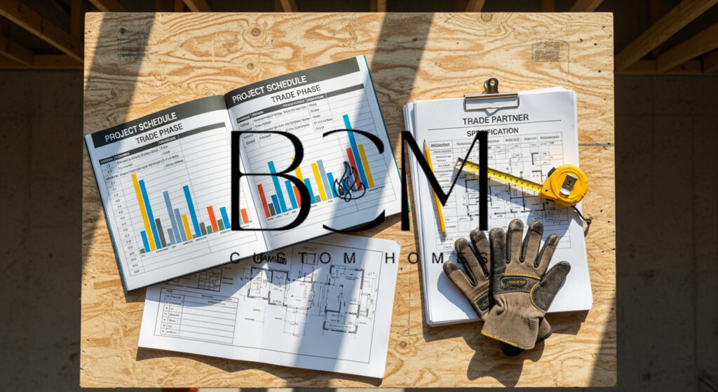 Professional custom home builder meeting with skilled craftsmen