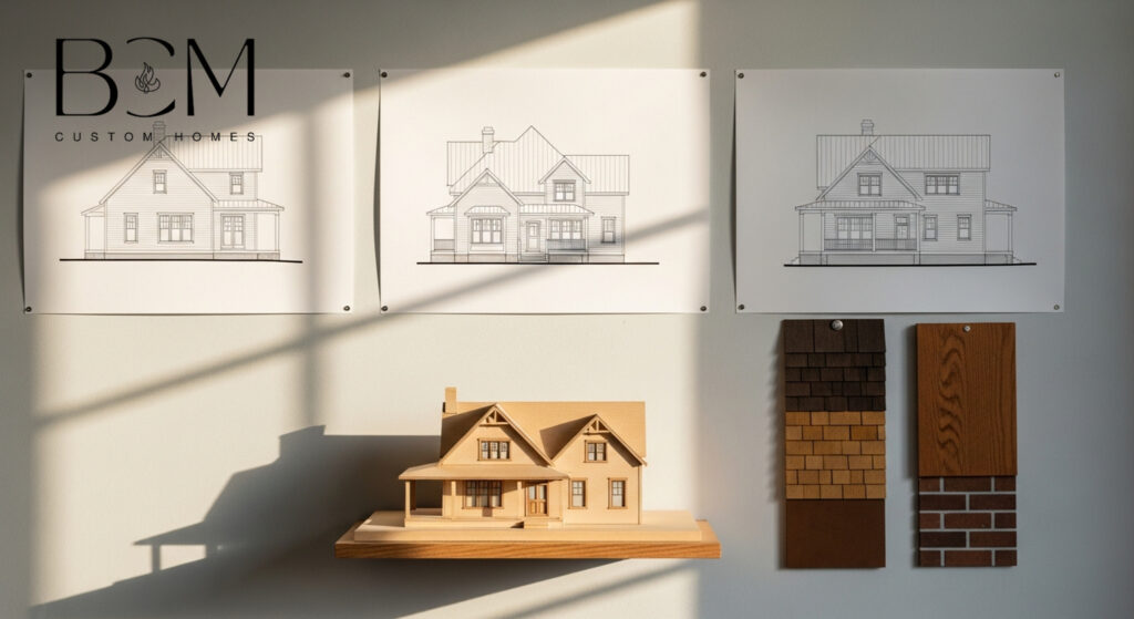 Custom home builder and homeowners reviewing architectural plans