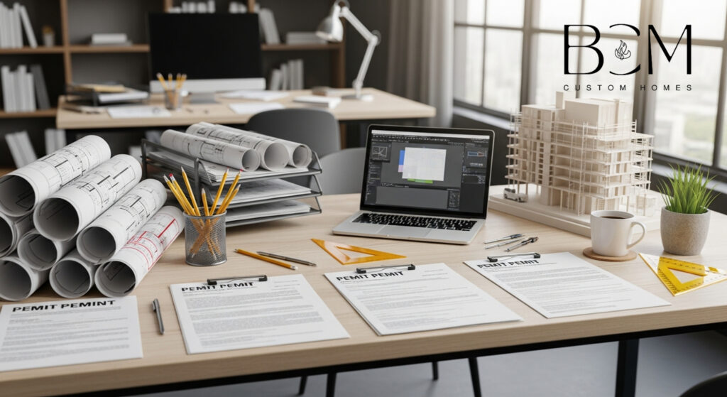 Professional builder and homeowners reviewing architectural plans