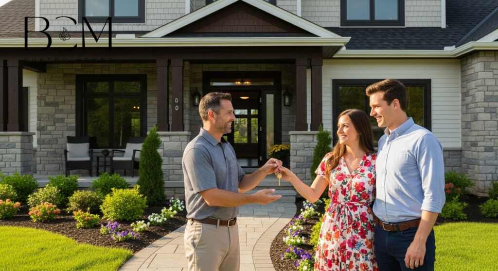 Happy custom home builder handing keys to excited new homeowners