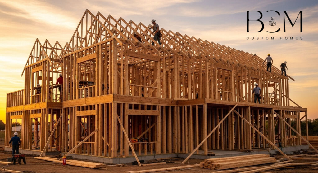 Custom home wooden frame structure under construction