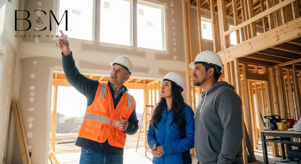 Custom home builder conducting detailed walkthrough with homeowners